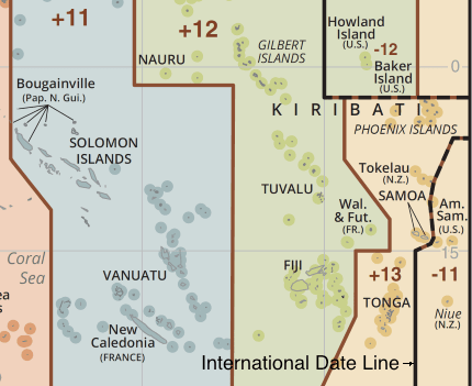 International date line. Time zones map excerpt.